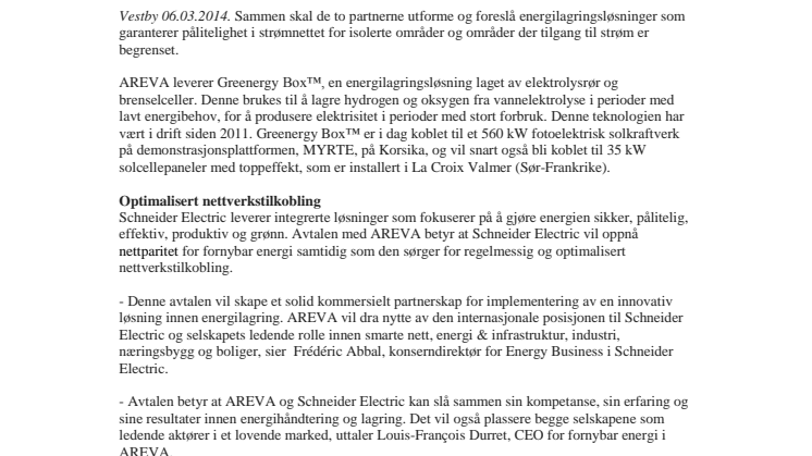 AREVA og Schneider Electric inngår samarbeidsavtale om energilagring