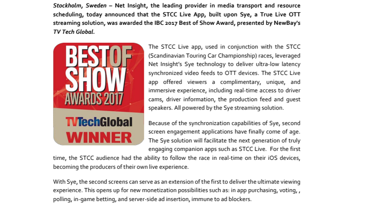 Net Insight Wins IBC 2017 Best of Show Award