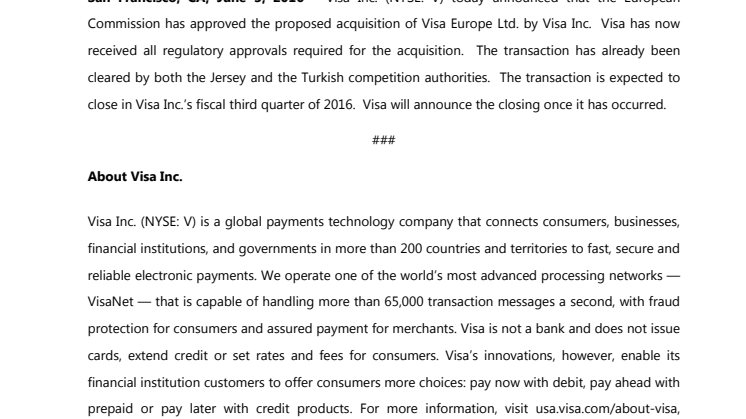 European Commission Approves Visa Inc.’s Acquisition of Visa Europe