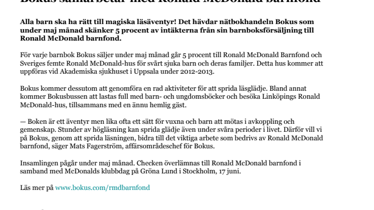 Bokus samarbetar med Ronald McDonald barnfond