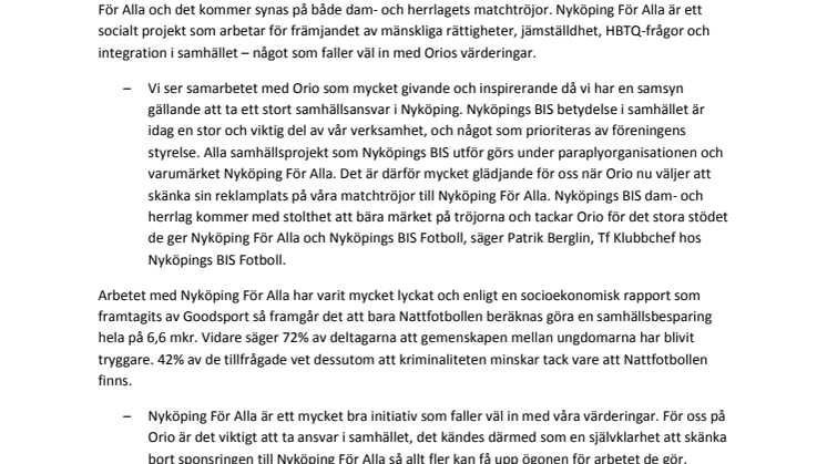Orio skänker sin sponsring till Nyköping För Alla