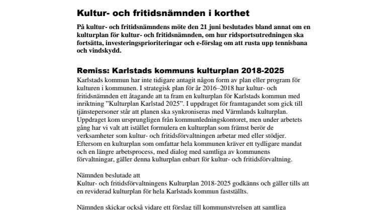 ​Kultur- och fritidsnämnden i korthet 21 juni