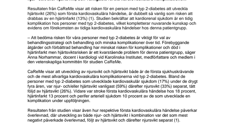 Njur- och hjärtsvikt är de vanligaste första kardiovaskulära komplikationerna vid typ 2-diabetes 