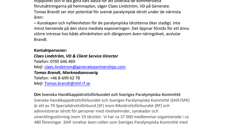 Generate Partnerships ny sponsringskonsult till Svenska Handikappidrottsförbundet och Sveriges Paralympiska Kommitté