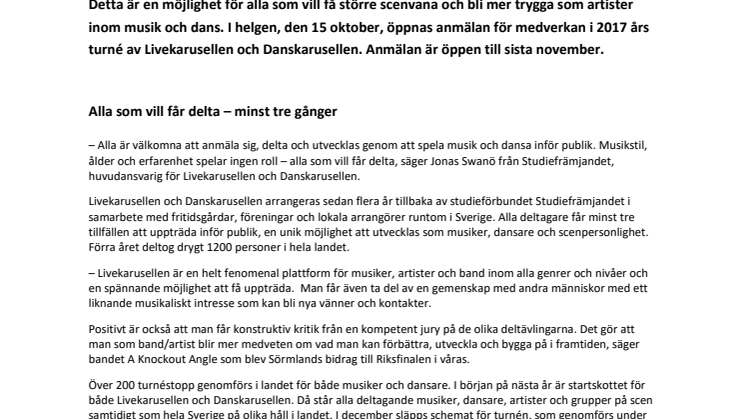 Nu öppnar anmälan till Sveriges största musik- och dansturné 2017