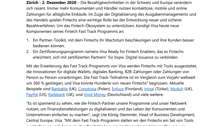 Visa erweitert Fintech Fast Track in Europa