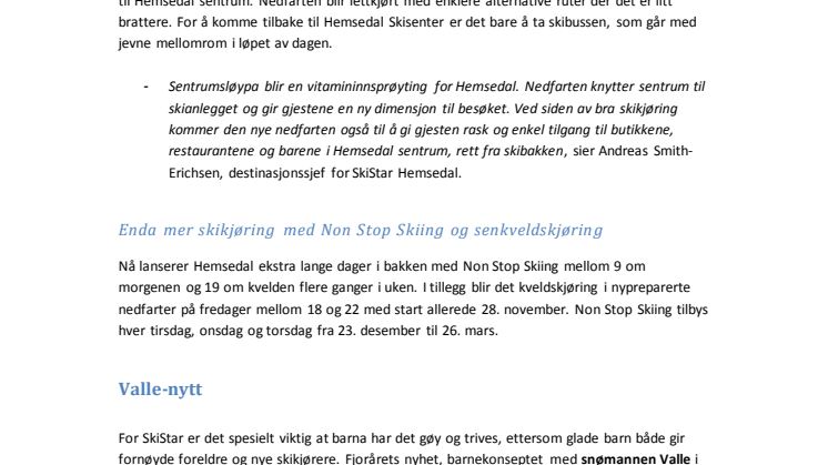SkiStar Hemsedal: Nyheter 2014/2015