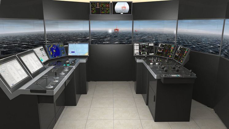 An aft bridge simulator, similar to the one which is a part of the KONGSBERG delivery to Maritime Campus North