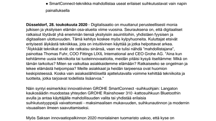 GROHElle saksalainen innovaatiopalkinto: Digitaalinen suihkukokemus napin painalluksella