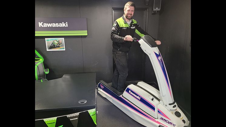 Tom Pringle, Sales Manager Kawasaki Watercraft UK and the iconic Kawasaki 550SX, celebrating 50 years of the Jet-Ski®.