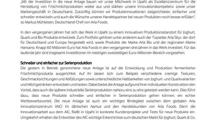 Mehr Innovationen: Arla Werk Upahl mit neuer Pilotanlage für die Produktentwicklung