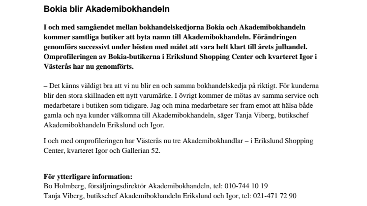 Bokia i Västerås blir Akademibokhandeln 
