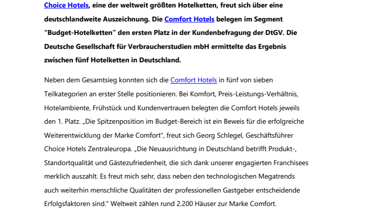 „Deutschlands beste Budget-Hotelketten 2019“:  Comfort Hotels holen Gesamtsieg