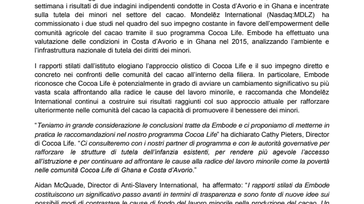 Mondelēz International intensifica il proprio impegno nella lotta al lavoro minorile nella produzione del cacao