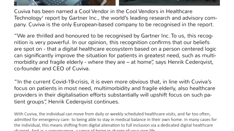 Cuviva named a Cool Vendor in Gartner ́s April 2020 Cool Vendors in Healthcare Technology