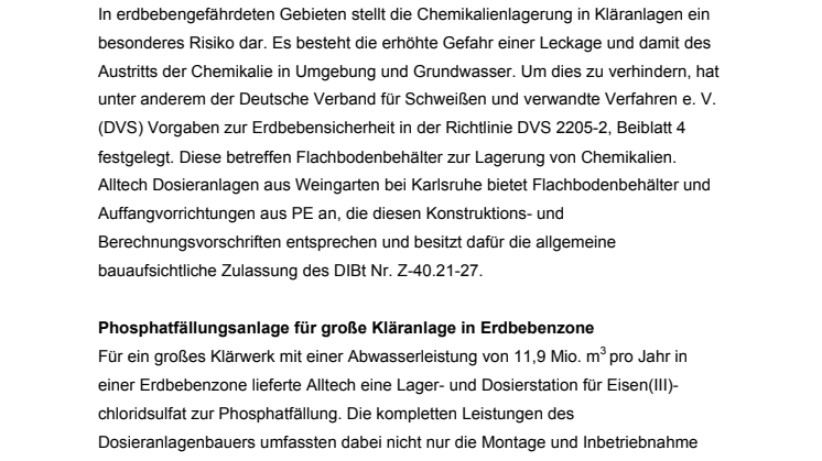 Alltech legt Phosphatfällungsanlagen erdbebensicher aus