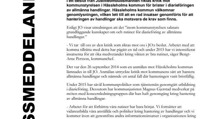 Hässleholms kommun välkomnar JO:s genomlysning avseende diarieföring av allmänna handlingar