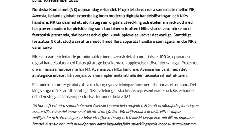 Nordiska kompaniet öppnar e-handel i samarbete med Avensia