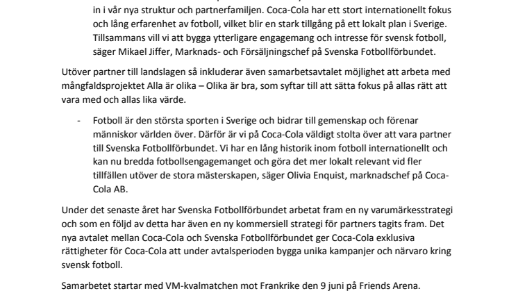 Coca-Cola ny partner till Svenska Fotbollförbundet