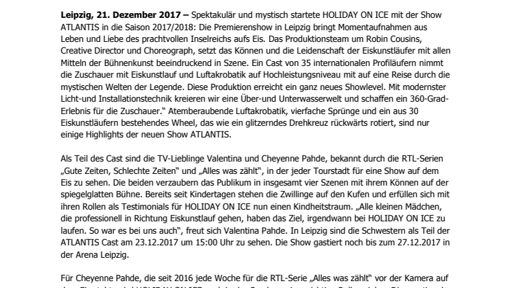 Premiere in Leipzig:  HOLIDAY ON ICE feiert den Mythos von ATLANTIS