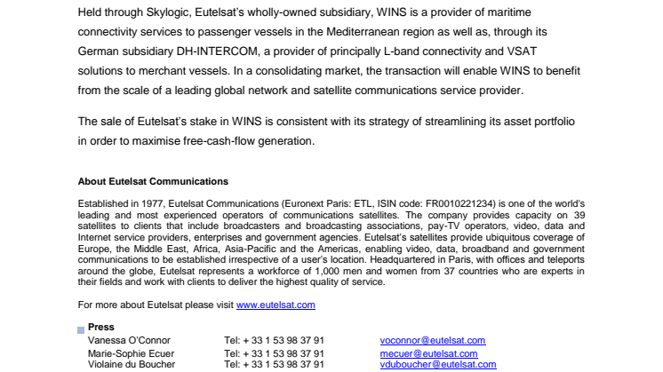 Eutelsat concludes agreement with SpeedCast to sell stake in WINS