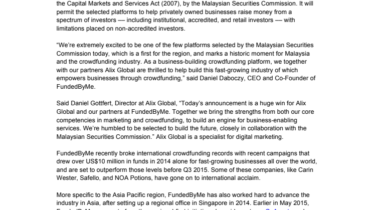 FundedByMe awarded equity crowdfunding license in Malaysia; Crowdfunding industry in Asia leaps forward