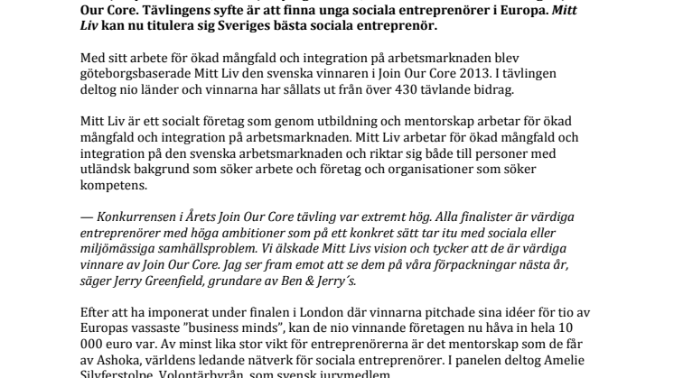 Mitt Liv utsett till Sveriges bästa sociala entreprenör
