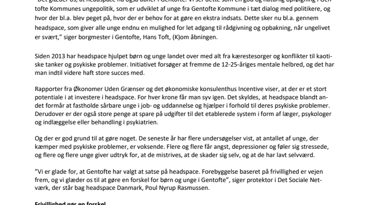 Rådgivningsinitiativet headspace åbner i Gentofte