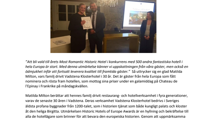 Vadstena Klosterhotel utsett till ”Most Romantic Historic Hotel of Europe”