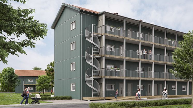 Illustration av entrésida, BoKlok Snödroppen i Häljarp, Landskrona,