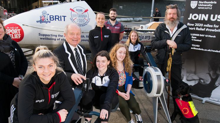 Northumbria University students, staff, partners and Phil Packer MBE (far right) come together to launch Northumbria's Row Britannia Challenge