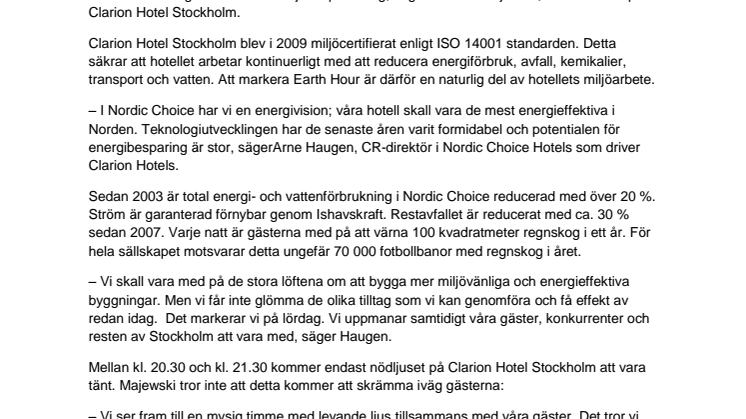 Clarion Hotel Stockholm markerar Earth Hour 