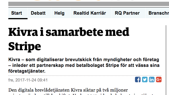 Realtid.se skriver om Kivras samarbete med Stripe