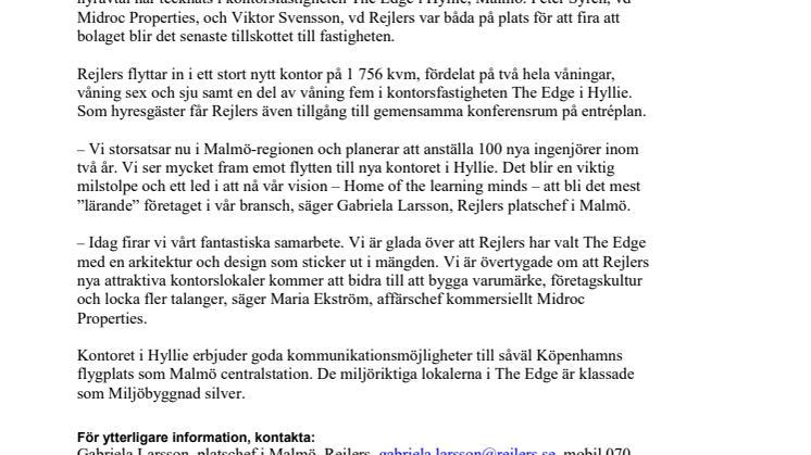 Rejlers flyttar in i Midrocs fastighet The Edge, Malmö 
