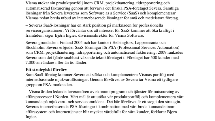 Visma förvärvar Severa och blir ledande inom PSA
