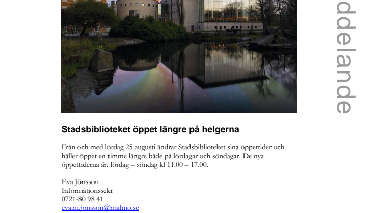Stadsbiblioteket öppet längre på helgerna