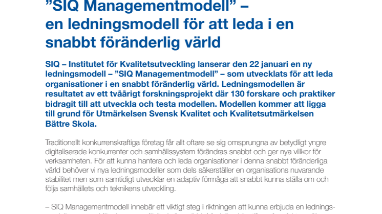 ​”SIQ Managementmodell” – en ledningsmodell för att leda i en snabbt föränderlig värld