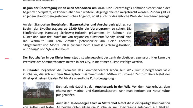 Organisatoren präsentieren Liveübertragung des Kieler Sommertheaters - kostenlos an fünf Standorten