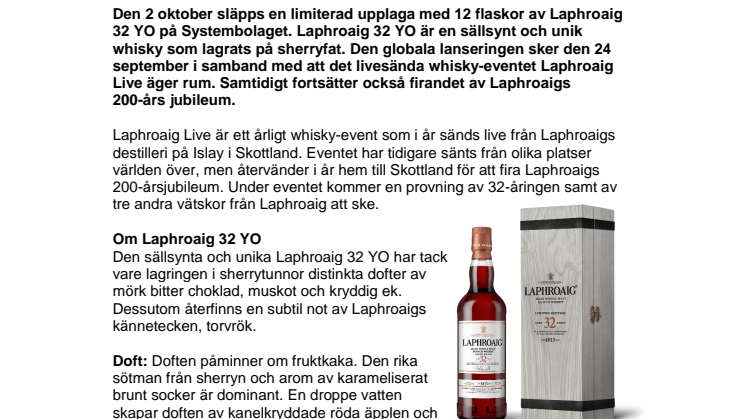 Laphroaig fyller 200 år och firar med exklusiv lansering av 32-årig whisky