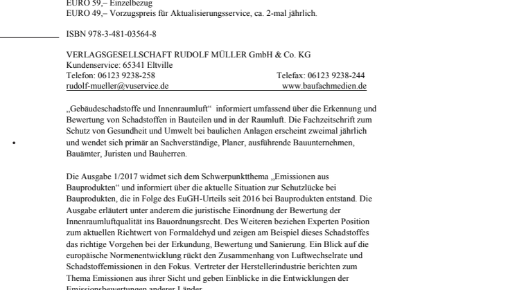 Gebäudeschadstoffe und Innenraumluft 1/2017 - Emissionen aus Bauprodukten 
