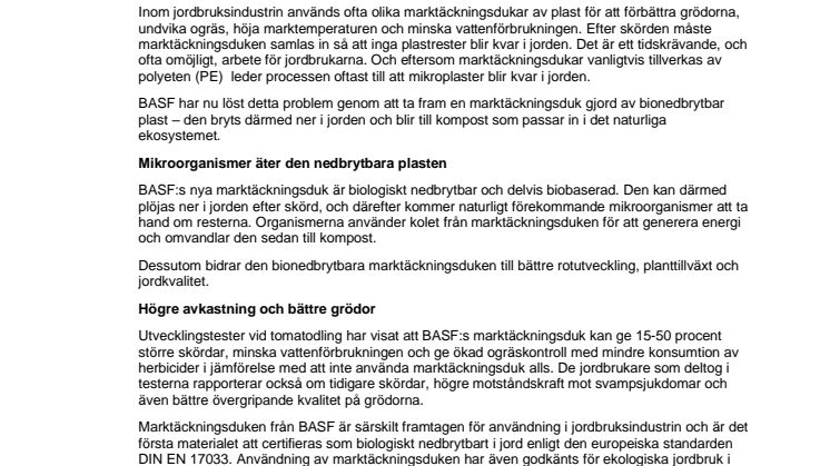 Ny bionedbrytbar marktäckningsduk löser problemet med mikroplaster i jorden