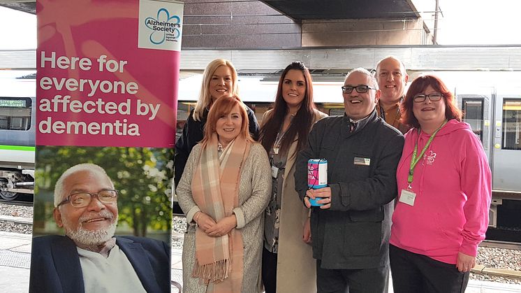 Wolverhampton station staff and local Alzheimer's Society members launching the charity partnership at Wolverhampton station