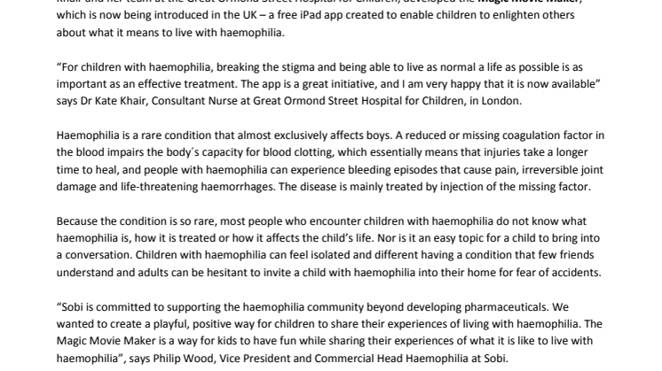 Sobi supports children with haemophilia to talk about their disease – introduces movie maker app 