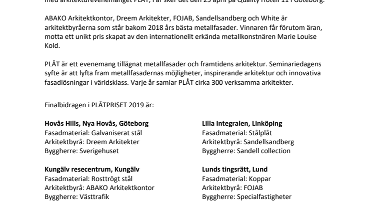 Fem svenska metallfasader, finalister i PLÅTPRISET 2019