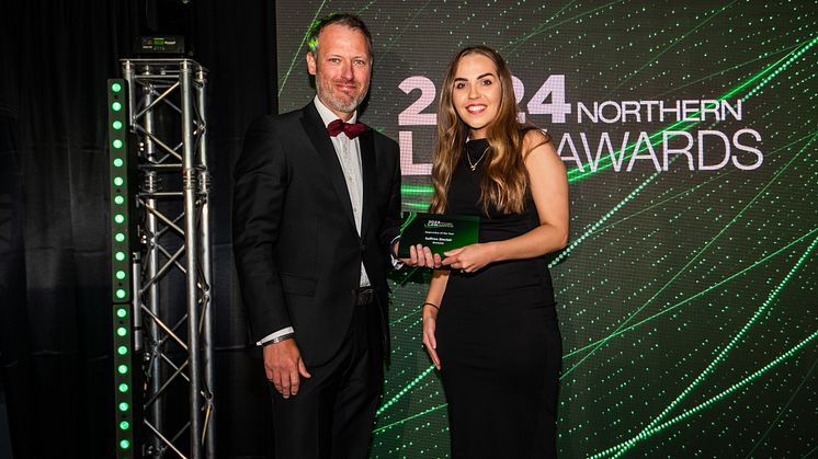 Northumbria student Saffron Sinclair with Mark Dale, Principle Consultant at Nigel Wright Recruitment at the Northern Law Awards
