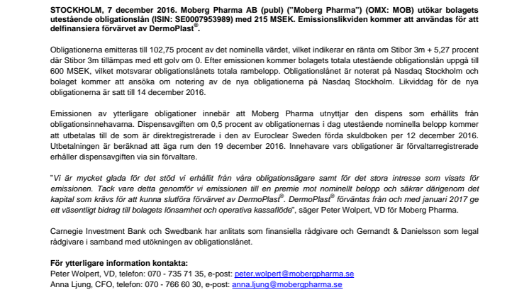 Moberg Pharma utökar sitt utestående obligationslån med 215 miljoner kronor