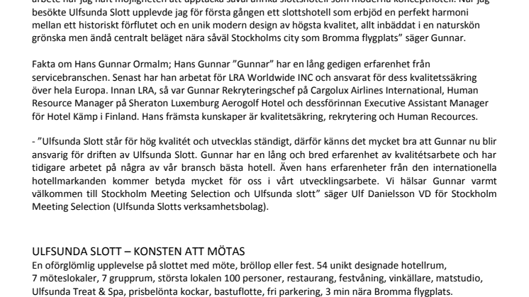 Ulfsunda Slott välkomnar Hans Gunnar Ormalm som ny hotelldirektör