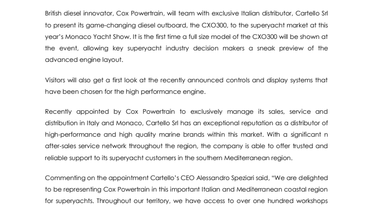 Cox Powertrain: Cox Powertrain Teams with Cartello for its First Monaco Yacht Show