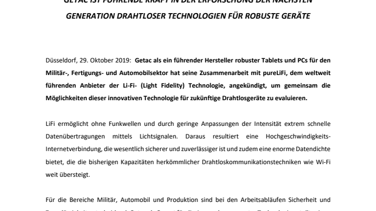 GETAC GIBT PARTNERSCHAFT MIT pureLiFi BEKANNT, UM ROBUSTE LI-FI FÄHIGE GERÄTE AUF DEN MARKT ZU BRINGEN