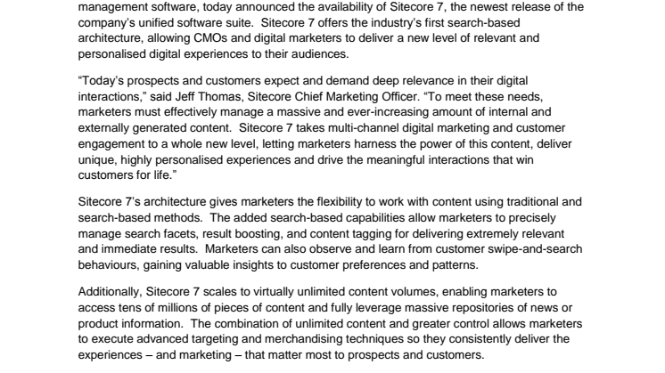 Sitecore Announces Sitecore 7, Powering a New Level of Personalised Digital Experiences